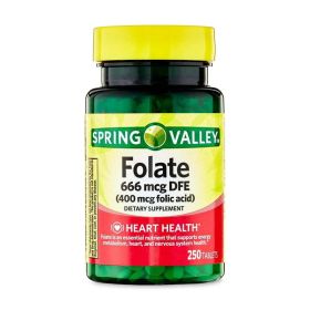 Spring Valley Folate Dietary Supplement Tablets, 400 mcg, 250 Count - Spring Valley