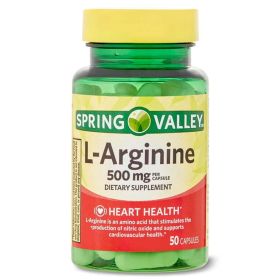 Spring Valley L-Arginine Amino Acid Supplements, 500 mg, 50 Count - Spring Valley