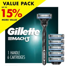 Gillette Mach3 Men's Razor Value Pack, Blue, 1 Handle & 6 Razor Blade Refills - Gillette