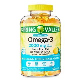 Spring Valley Maximum Care Omega-3 from Fish Oil Eye Brain Bone & Heart Health Dietary Supplement Softgels, 2000 mg, 120 Count - Spring Valley