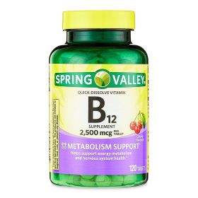 Spring Valley Vitamin B12 Quick-Dissolve Tablets Dietary Supplement, 2,500 Mcg, Cherry Flavor, 120 Count - Spring Valley