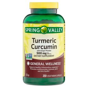 Spring Valley Turmeric Curcumin with Ginger Powder General Wellness Dietary Supplement Vegetarian Capsules, 500 mg, 250 Count - Spring Valley