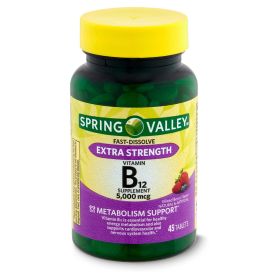 Spring Valley Extra Strength Vitamin B12 Metabolism Support Dietary Supplement Fast Dissolve Tablets, Mixed Berry, 5000 mcg, 45 Count - Spring Valley