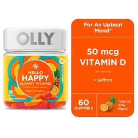 OLLY Hello Happy Gummy Worms, Mood Balance Support Supplement, Vitamin D, Tropical, 60 Count - OLLY