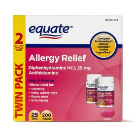 Equate Allergy Relief Diphenhydramine Tablets 25mg;  100 Count;  Twin Pack - Equate