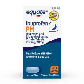 Equate Ibuprofen PM Ibuprofen and Diphenhydramine Citrate;  200 mg/38 mg;  20 Count Caplets - Equate